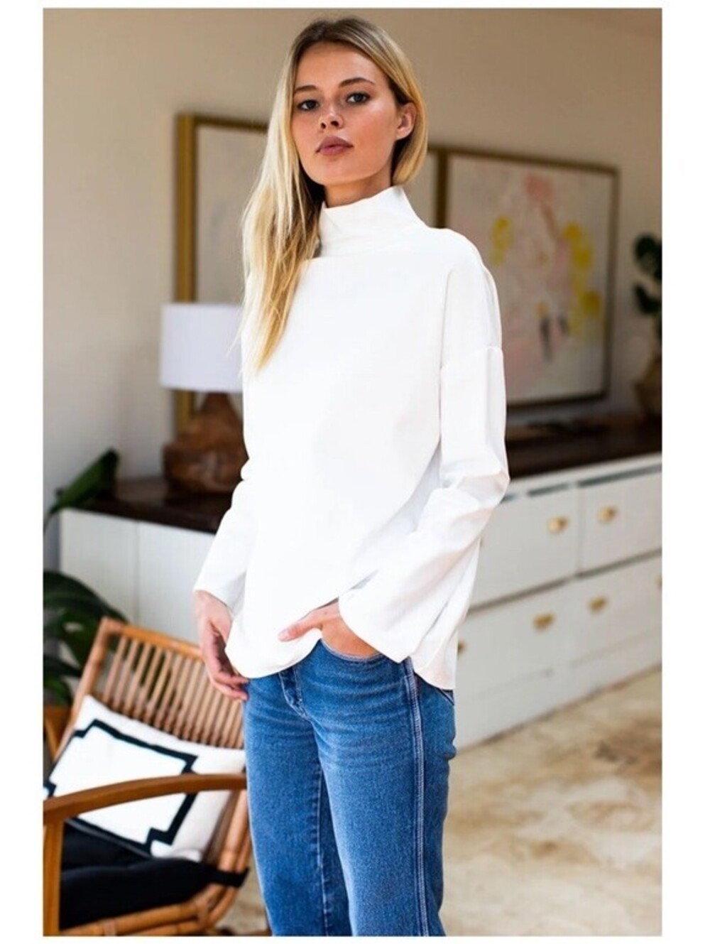 Emerson Fry Edie Top Ivory Pointe Small 3" mock turtleneck collar Boxy Fit